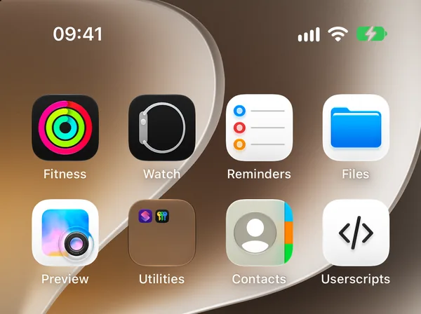 The Userscripts app on the Home Screen, its icon a </> on white