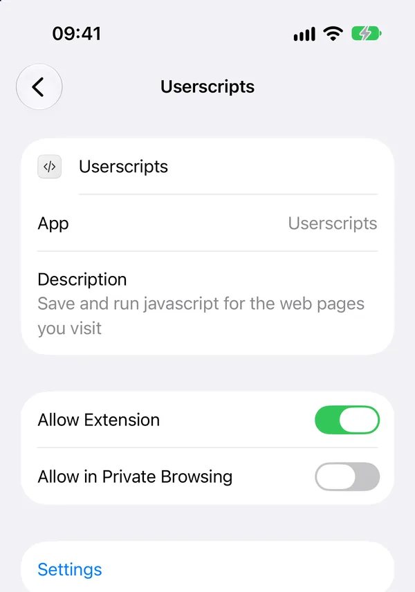 Settings, Safari, Extensions, Userscripts, with the Allow Extension switch ringed, on
