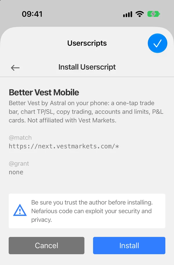 Userscripts’ Install Userscript window for Better Vest Mobile, with Install ringed