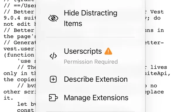 Safari’s page menu on the script’s page, with Userscripts ringed