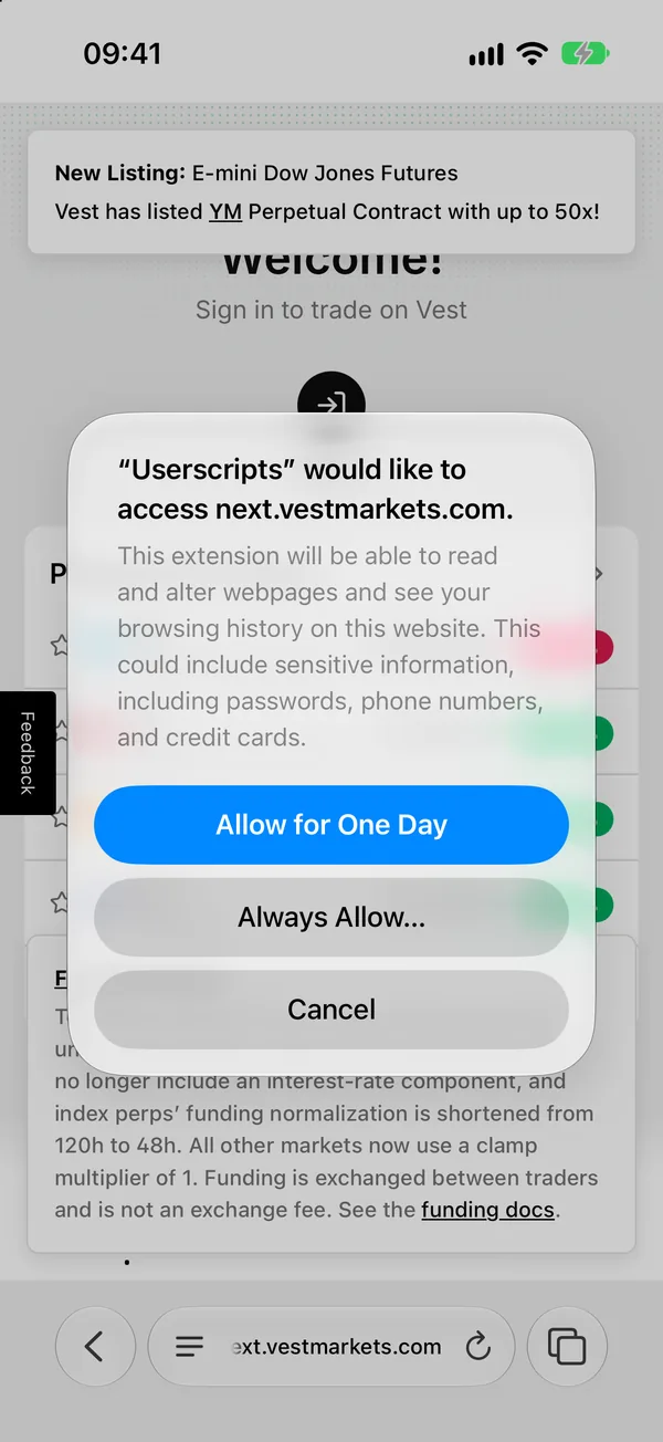 Safari asks: “Userscripts” would like to access next.vestmarkets.com; Always Allow is ringed