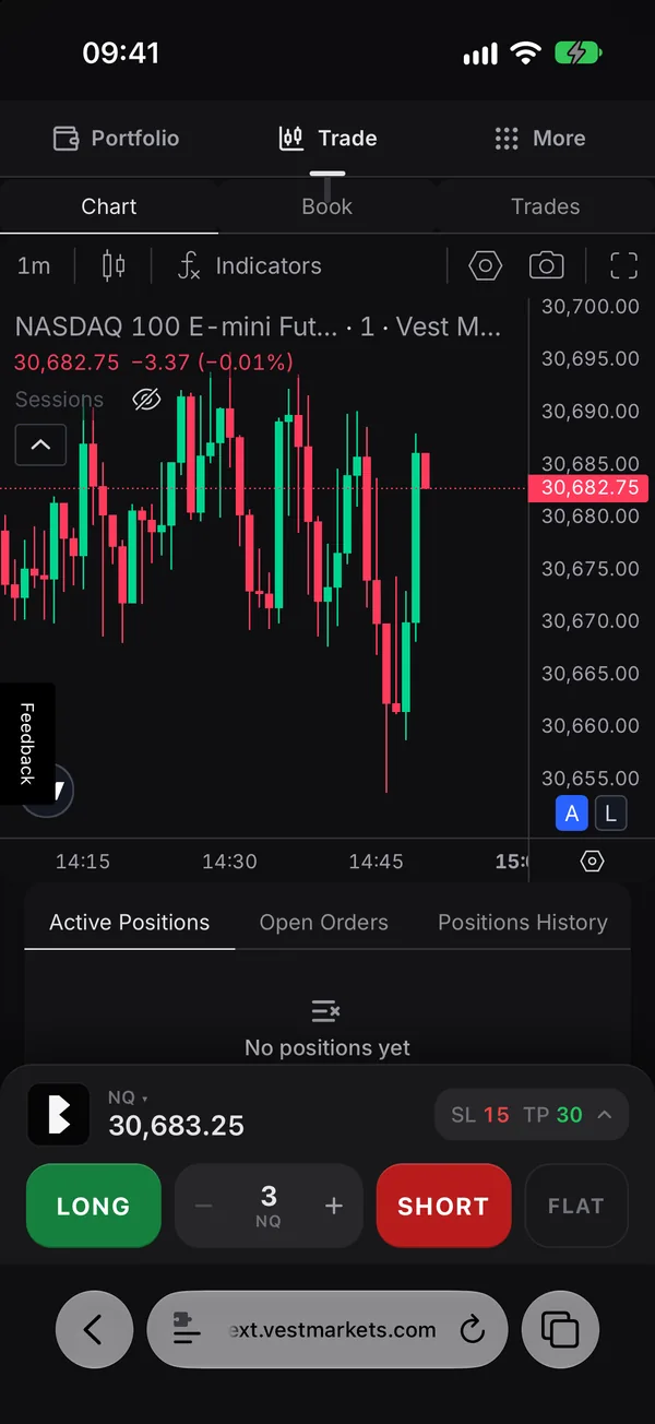 Vest’s trade page with Better Vest’s dock at the bottom