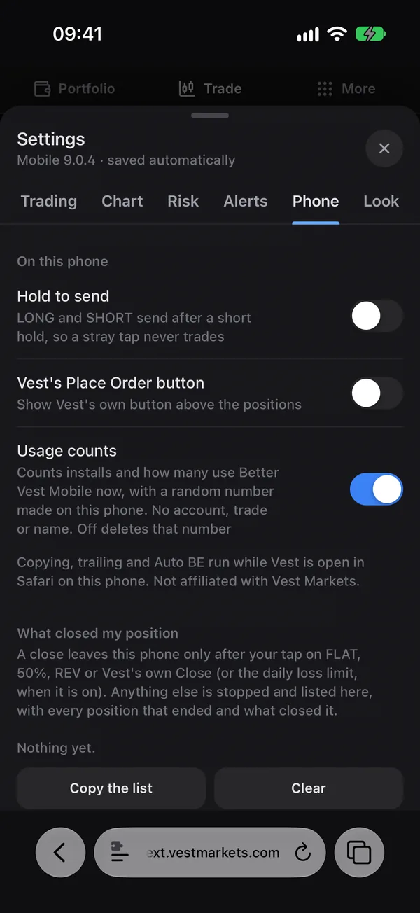 Better Vest Mobile’s Settings, Phone, with the Usage counts switch