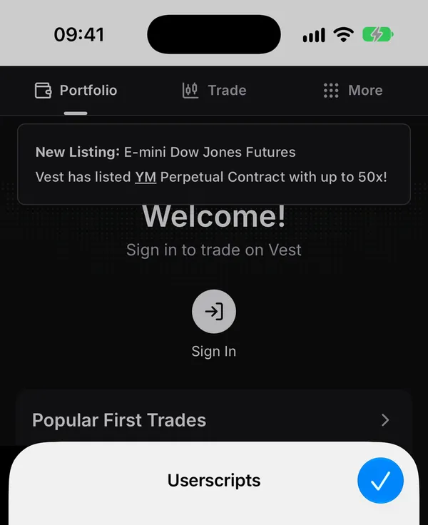 The Userscripts menu on Vest, with Better Vest Mobile listed and switched on