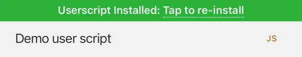 The Userscripts menu on the script’s page: Userscript Installed, Tap to re-install