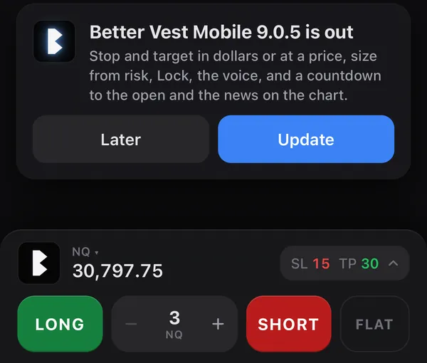 The question above the dock: Better Vest Mobile 9.0.5 is out, with Later and Update