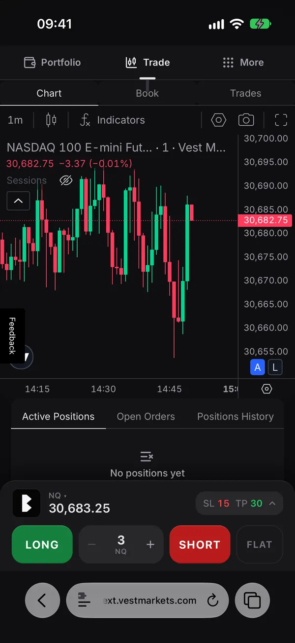 The dock on Vest’s NQ chart: the B, the price, SL 15 TP 30, LONG, 3 NQ, SHORT and FLAT