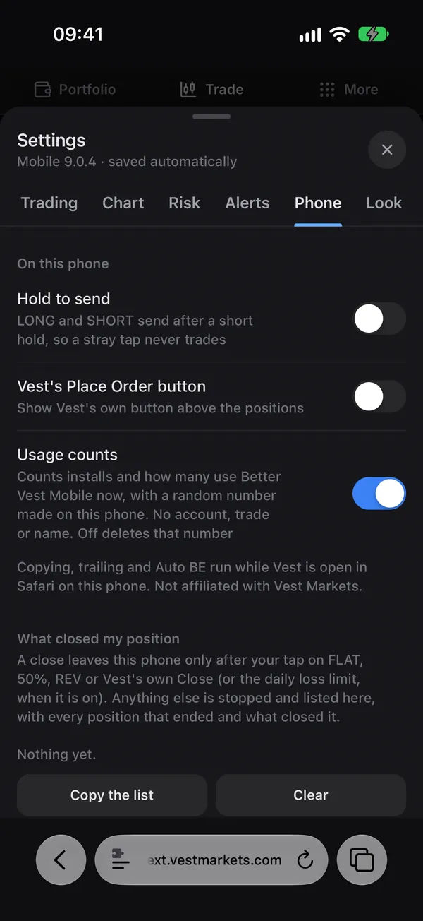 Settings, the Phone tab: Hold to send, Usage counts and What closed my position