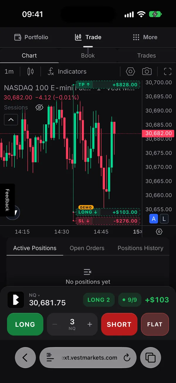 The demo long on the chart with its TP, LONG and SL labels, and LONG 2 with its P&L on the dock