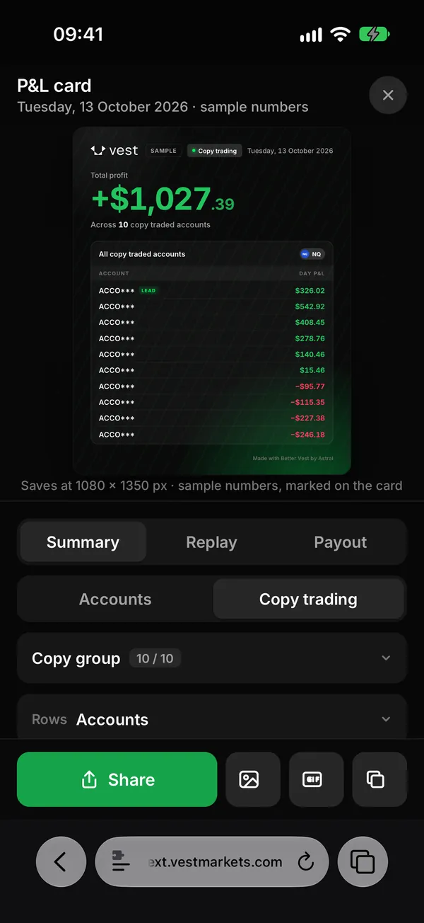 The P&L card with sample numbers, and Share, Image, GIF and Copy