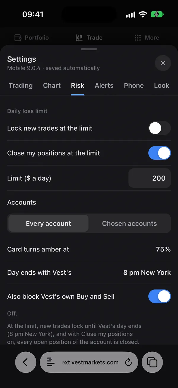 Settings, the Risk tab: the daily loss limit and its accounts